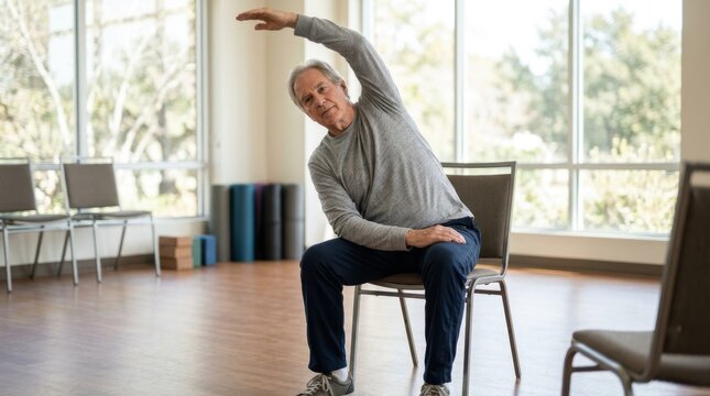 Senior man practicing chair yoga side stretch in bright studio. Elderly person doing seated fitness exercise for flexibility and mobility