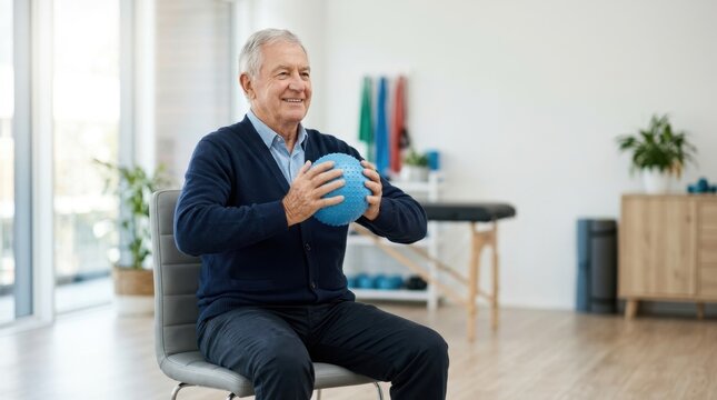 Senior man exercising with therapy ball for joint mobility. Elderly patient doing rehabilitation training in clinic