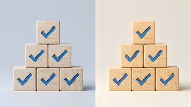 Two pyramids of wooden blocks with blue check marks on a split blue and beige background, representing success, achievement, and goal completion concepts