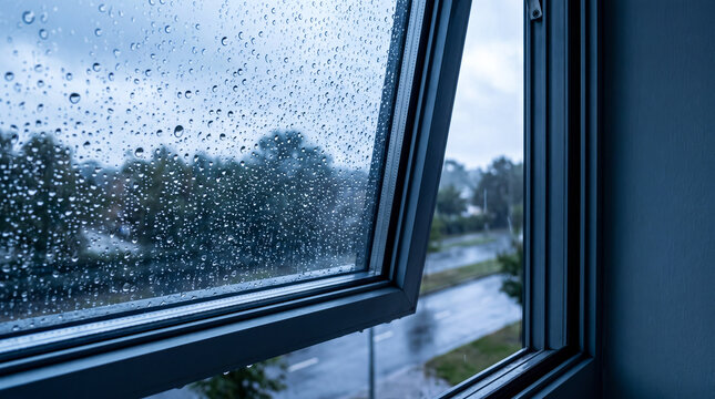 Raindrops on an open window pane overlooking a blurred street during a gloomy overcast day