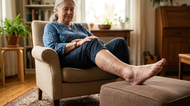 Senior woman resting swollen leg with varicose veins on ottoman at home. Venous insufficiency symptom in elderly patient