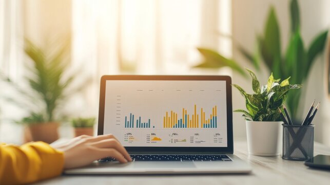 Hazy Sunrise Within a Focused Analytics Workspace: Analyst Reviewing Financial Graphs On Laptop Near Plants Revi