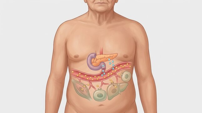 Medical diagram illustrating insulin secretion and glucose uptake in body. Type 2 diabetes pathology involving pancreas, liver, and muscle cells