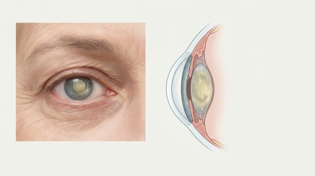 Medical illustration of a cataract in an elderly eye. Cross section diagram showing a cloudy lens. Ophthalmology and vision health concept. Copy space for text