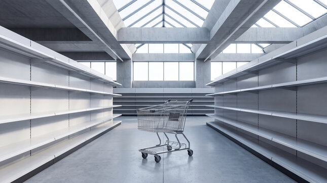 Empty shopping cart standing in the middle of a vacant supermarket aisle with bare metal shelves
