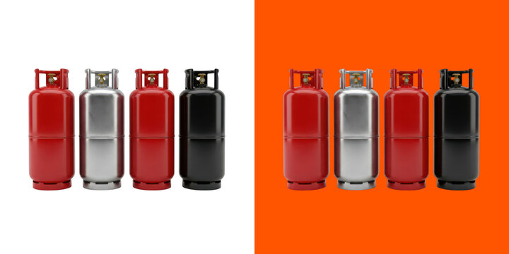 Red silver and black propane gas cylinders arranged in a row transparent png