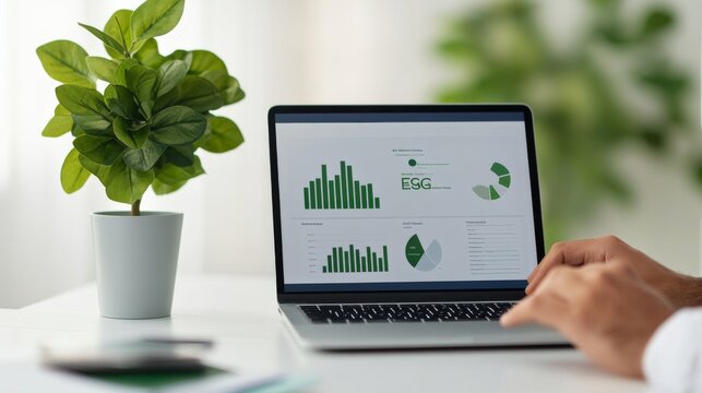 Moonlit Night Within a Focused Analytics Workspace: Analyst Reviewing Esg Metrics On Laptop Green Office Reviewin &acirc;&euro;&ldquo; Skyline Study 3