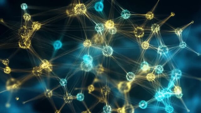 Abstract 3D Active AI Neural Network with Glowing Synaptic Nodes and Gold Cyber Plexus Lines Motion Video Loop Background