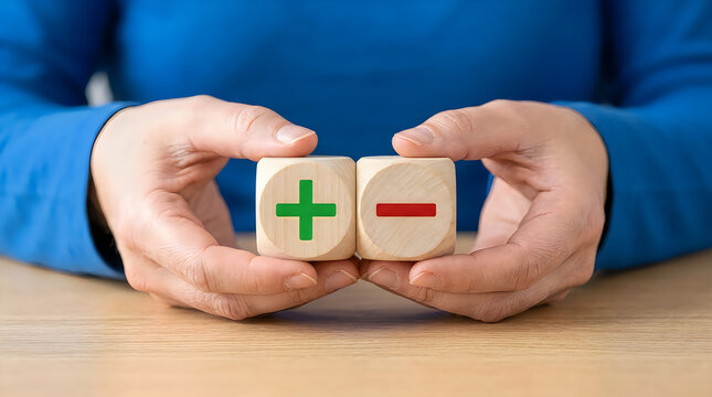 A person holding two wooden cubes with a green plus sign and a red minus sign, representing pros and cons or positive and negative choices