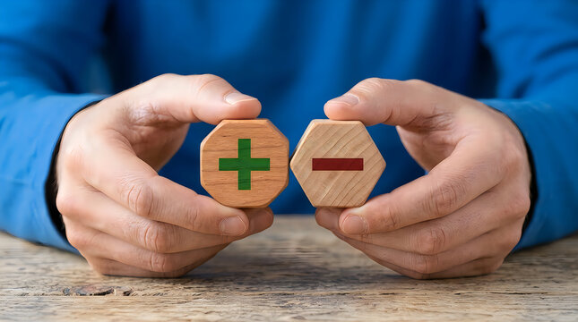 Hands holding wooden blocks with plus and minus signs
