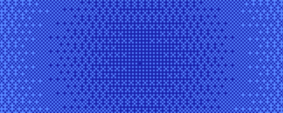 Pixel bitmap texture with 8-bit halftone effects. Abstract blue pixelated dither pattern. Horizontal ripple faded geometric print wallpaper with gradation to circle spot shape. Vector illustration.