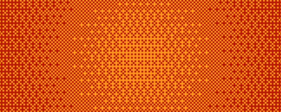 Pixel bitmap texture with 8-bit halftone effects. Abstract orange pixelated dither pattern. Horizontal ripple distort geometric print wallpaper with circle spot and border shape. Vector illustration.