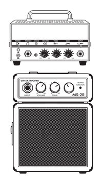 Guitar amplifier stack outline set with amp head and speaker cabinet vector illustration