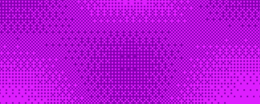 Pixel bitmap texture with 8-bit halftone effects. Abstract pink and purple pixelated dither pattern. Horizontal ripple distort geometric print wallpaper with dynamic colours. Vector illustration.