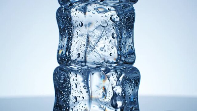 Melting water trickles from clear ice cubes close up against a light blue backdrop