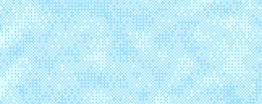 Pixel bitmap texture with 8-bit halftone effects. Abstract light blue pixelated dither pattern. Horizontal gritty distort geometric print wallpaper with dynamic transitions. Vector illustration.