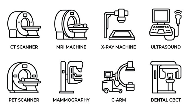 Advanced medical imaging equipment for diagnostics, including CT scanner, MRI, X-ray, ultrasound, and PET scanner symbols.