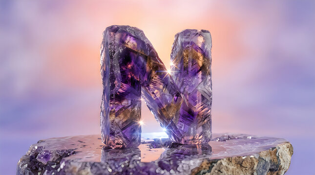 A 3d letter n crafted from polished amethyst crystal, standing on a textured geode base against a soft, dreamy purple and orange gradient background