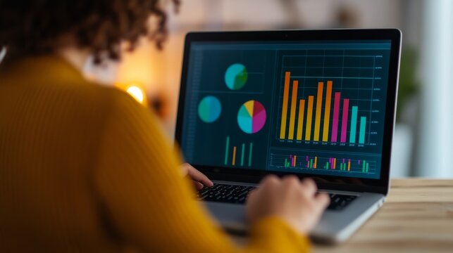 Silver Daylight Framed by Clear Data Visualizations: Anonymous Analyst Reviewing Colorful Laptop Graphs Reviewing &acirc;&euro;&ldquo; Skyline Study 4