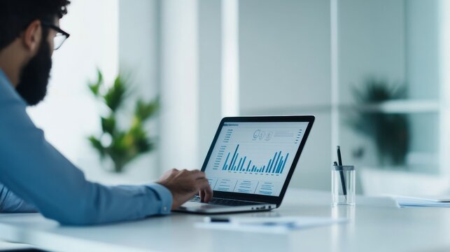 Soft Overcast Light Beyond the Monthly Performance Report: Consultant Reviewing Laptop Graphs In Minimalist Boardroom Re &acirc;&euro;&ldquo; Skyline Study 4
