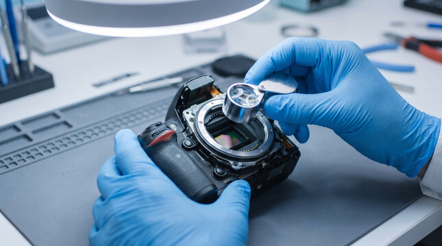 Hand cleaning camera sensor equipment technician professional precision focused digital photography repair service maintenance