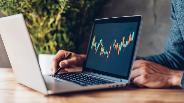 Soft Overcast Light From a Strategic Management Perspective: Investor Studying Stock Portfolio Graphs On Laptop Reviewing &acirc;&euro;&ldquo; Skyline Study 4