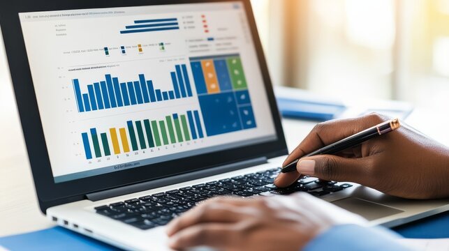 Soft Overcast Light Near the Dynamic Revenue Charts: Analyst Reviewing Procurement Graphs On Laptop Reviewing Lapt &acirc;&euro;&ldquo; Skyline Study 4