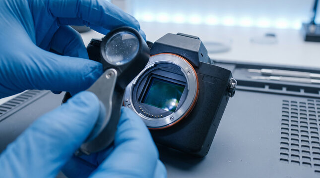 Professional technician hands inspecting camera sensor with magnifying glass for quality control with focused and careful expression
