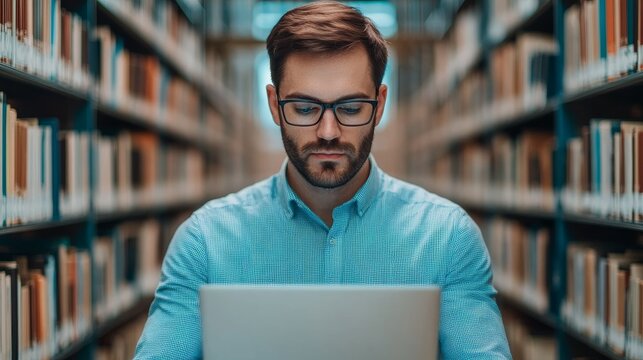 Summer Glow Framed by Clear Data Visualizations: Anonymous Analyst Reviewing Laptop Graphs In Quiet Library Wo &acirc;&euro;&ldquo; Skyline Study 4
