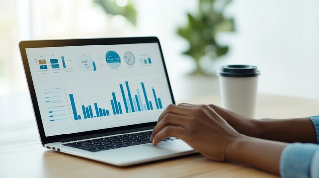 Warm Sunset Within a Focused Analytics Workspace: Analyst Reviewing Energy Usage Graphs On Laptop Reviewing Lap &acirc;&euro;&ldquo; Skyline Study 2