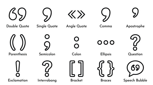Collection of punctuation marks and symbols including double single angle comma apostrophe parenthesis semicolon colon ellipsis and question mark icons.