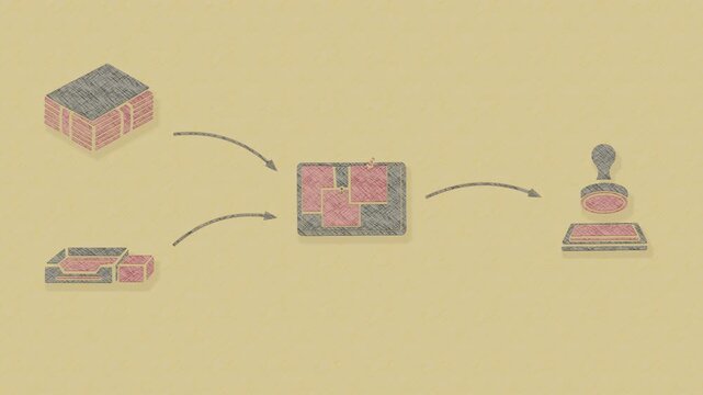 The submission counter consolidates a bound plan set and tray intake before pinboard review and officer stamping. Flat 3D style with a graphite pencil texture.
