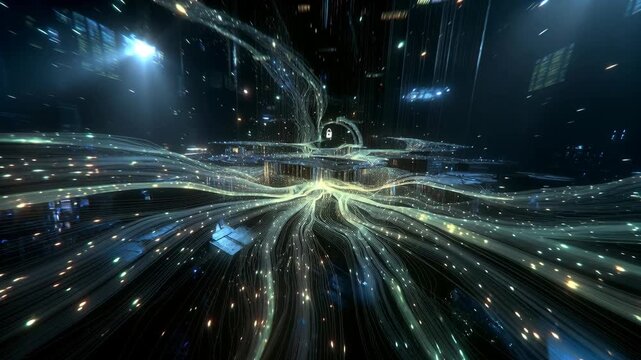 Luminous flowing data streams surround a secure padlock in a dark neon network, conveying cybersecurity, privacy, and protection