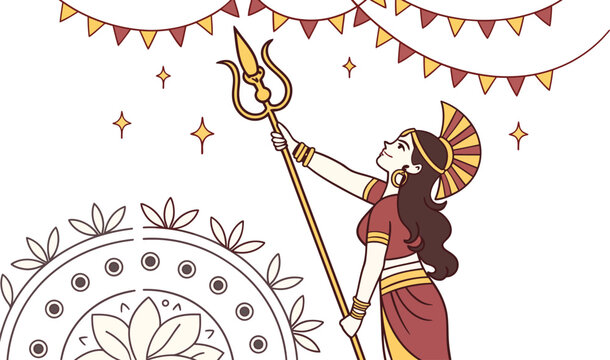 Vector Illustration of Goddess Durga Holding a Trishul Trident for Durga Puja and Navratri Festival Celebration, Beautiful Indian Goddess Maa Parvati Line Art Design with Mandala.