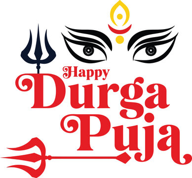 Vibrant Happy Durga Puja Celebration Background with Sacred Goddess Eyes and Trishul Symbols. Perfect for Festive Greetings, Navratri Social Media Posts, and Religious Decor.
