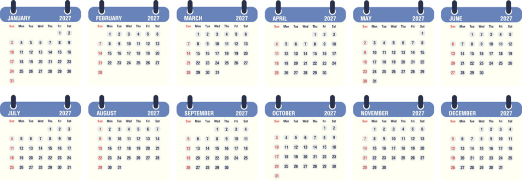 Calendar 2027 year template with all 12 months. Vector illustration