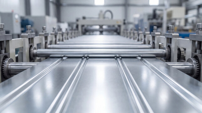 Sheet roll forming production metal industrial machinery process in modern factory setting with precision steel manufacturing equipment