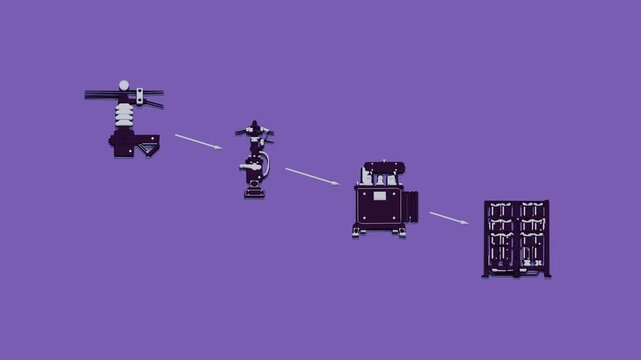 A switchyard manages a downward voltage run through breaker isolation, transformer conversion, capacitor correction, and onward transmission. Flat 3D style with smooth matte surfaces.