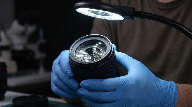 Professional technician inspecting camera lens using bright light tool in focused careful and diligent manner at workshop
