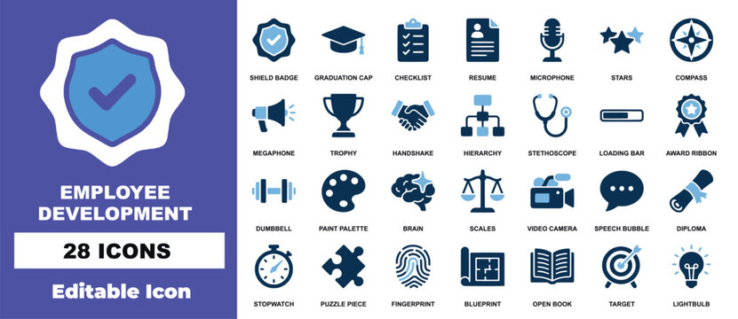Employee development training and personal growth icon set in blue color palette.