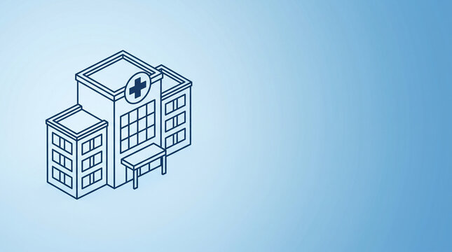 Hospital building exterior with cross symbol on blue gradient background