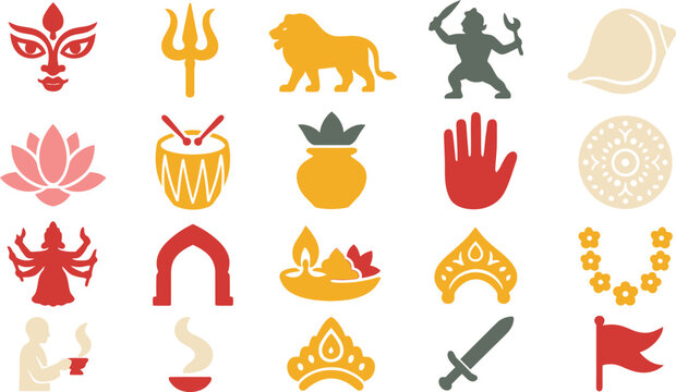 Navratri and Durga Puja Vector Icon Set - Collection of Traditional Hindu Festival Symbols including Goddess Durga, Trishul, Lotus, Dhak, Diya, and Kalash for Cultural Design Projects.