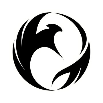 Minimalist phoenix bird logo design featuring sharp black wings inside a perfect white circular frame