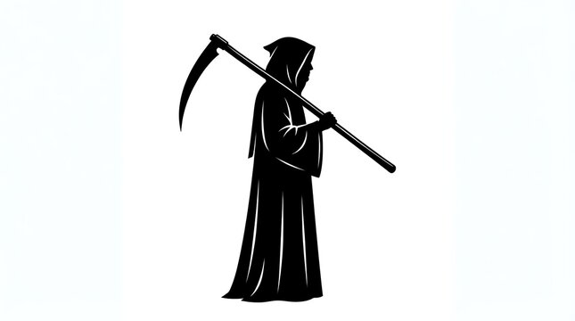 Grim reaper silhouette standing upright while carrying a large sharp scythe over his black hooded shoulder