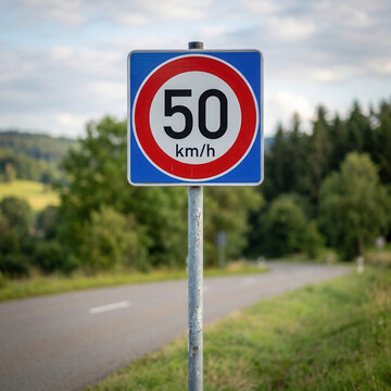 Roadside Speed Limit Sign 50 Km Per Hour With Scenic Countryside Background