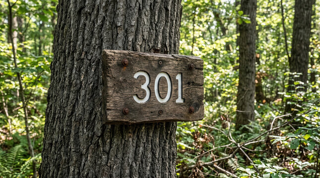 Rustic Wooden Trail Marker Numbered 301 In Forest Setting