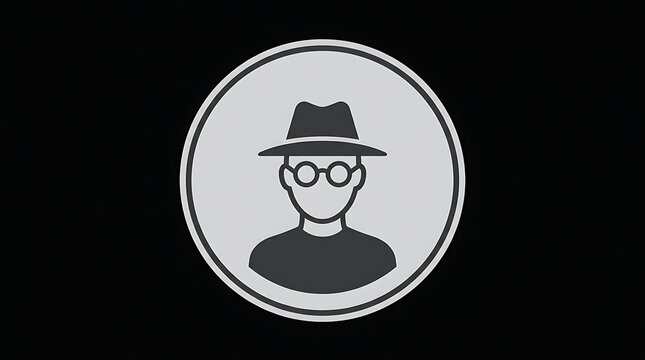 Minimalist circular user profile icon featuring a detective wearing a classic fedora hat and round glasses
