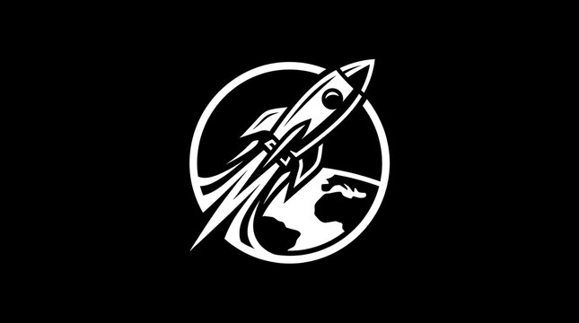 Minimalist white rocket launch logo design flying from planet earth circle shape on black background
