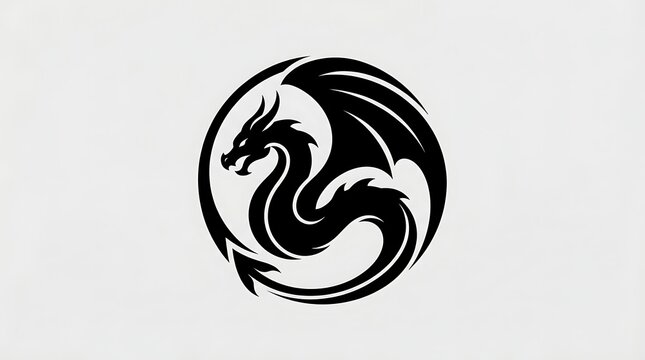 Elegant black dragon silhouette logo design featuring stylized wings coiled within a perfect circular white background