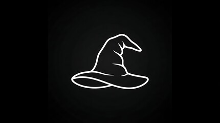 Obraz premium Minimalist white witch hat icon outline isolated against dark black background for mysterious magical fantasy concepts